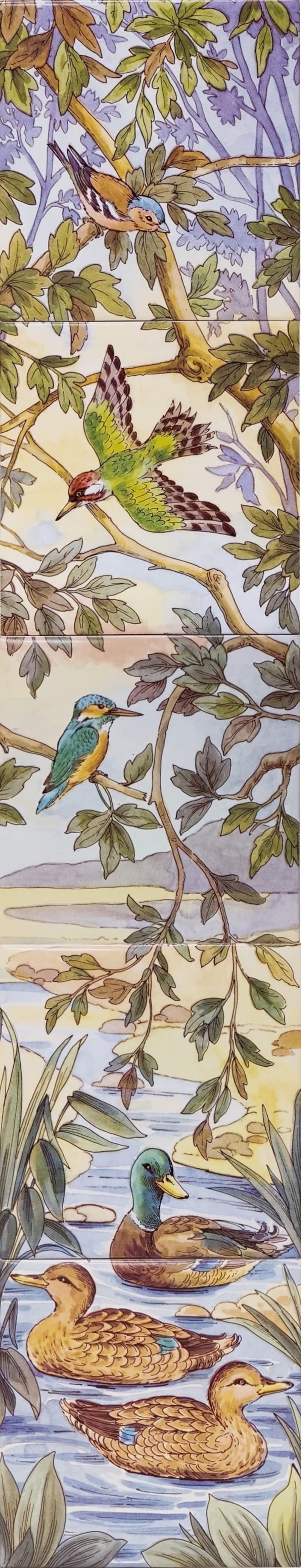 May include: A watercolor painting of birds and ducks in a natural setting. A green and brown bird sits on a branch with green leaves. A blue bird sits on a branch with green leaves. Three ducks swim in a blue pond with green reeds.