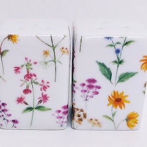 Meadow Flowers Salt and Pepper Set Ceramic Porcelain Small Square Bright Floral Cruet Set Hand Decorated UK