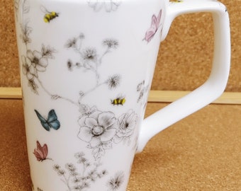 Secret Garden 20oz Mug Fine Bone China Large Jumbo 1 Pint Flowers Butterflies Bees Latte Coffee Tea Cup Hand Decorated UK