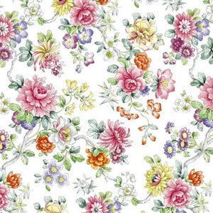 May include: A white background with a repeating pattern of pink, yellow, orange, and purple flowers. The flowers are drawn in a watercolor style and have a vintage aesthetic.