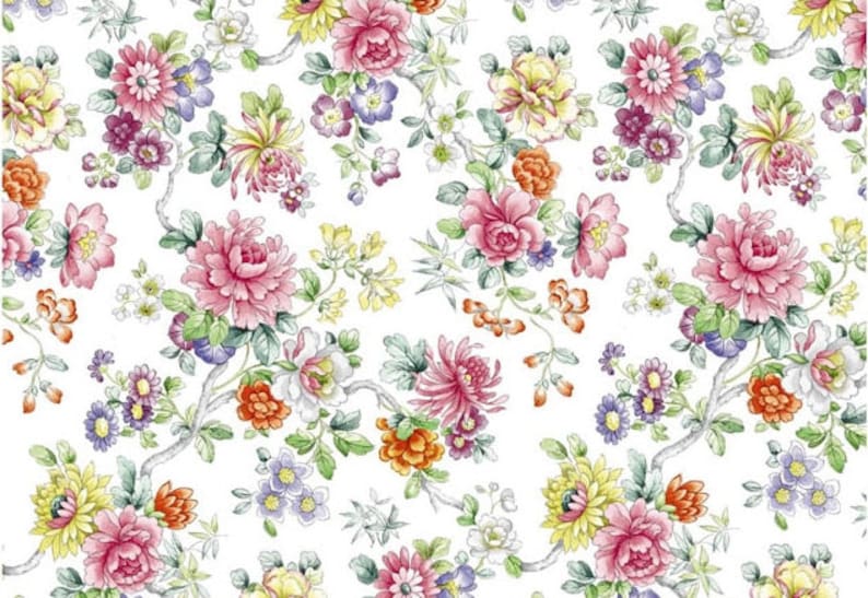 May include: A white background with a repeating pattern of pink, yellow, orange, and purple flowers. The flowers are drawn in a watercolor style and have a vintage aesthetic.