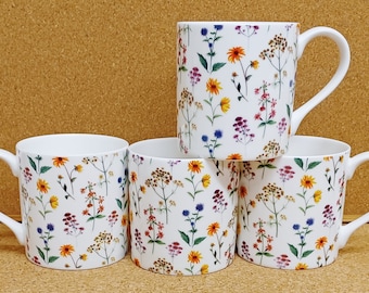 Meadow Flowers Mugs Set of 4 Fine Bone China 14 oz 400 ml Large Balmoral Cups Bright Colourful Floral Hand Decorated in UK