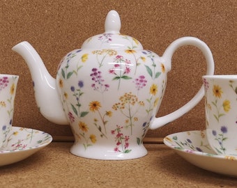 Meadow Flowers Tea Set for Two Fine Bone China Multi Colour Floral Teapot & 2 Cups and Saucers