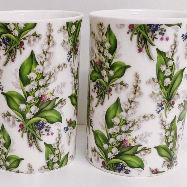 Lily of the Valley Mugs Set of 2 Fine Bone China 300 ml 10.5oz Lilies Floral Chintz Cups Hand Decorated UK