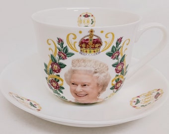 HM Queen Elizabeth II Platinum Jubilee Cup & Saucer Jumbo Breakfast Large Fine Bone China Commemorative Collectors Set