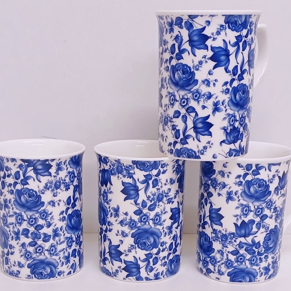 Delft Blue Mugs Set 4 Fine Bone China Blue Floral Flowers 10oz 300ml Windsor Cups Hand Decorated UK