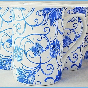 Parisian Blue Mugs Set 6 Fine Bone China Blue Floral Swirl Cups Hand Decorated in UK