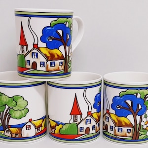 Art Deco Village Mugs Set of 4 Fine Bone China 9 oz 250 ml Balmoral Cups Colourful Exclusive Country Scene Hand Decorated UK