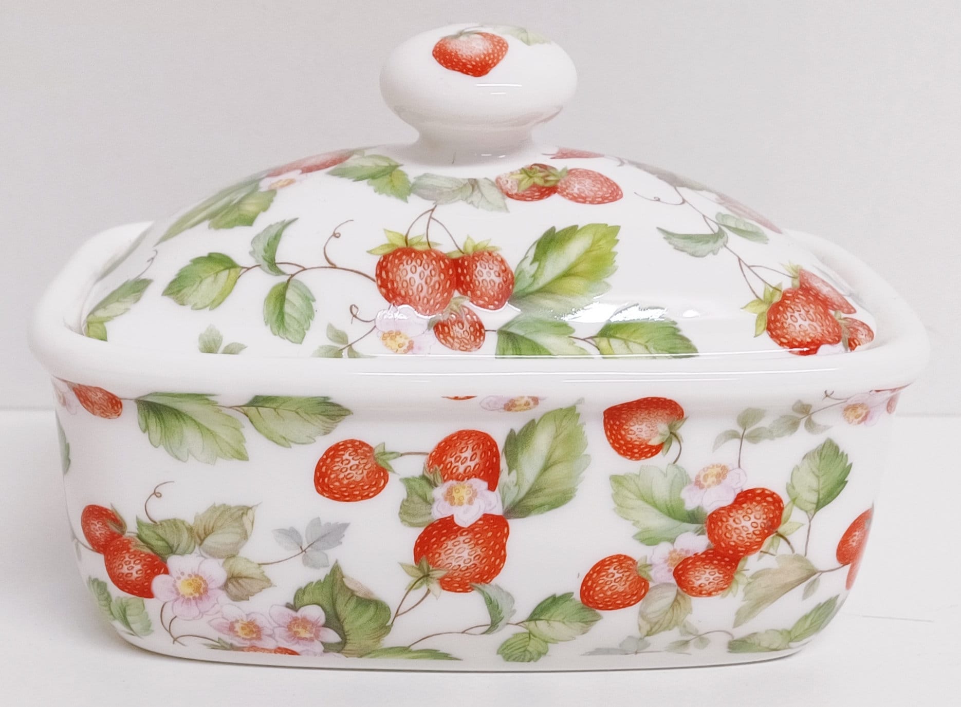 Strawberry Fields Fine Bone China Butter Dish Classic Strawberries and Floral Covered Lid Container Hand Decorated UK
