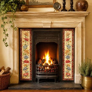 May include: A stone fireplace mantel featuring a central firebox with a black metal grate containing burning logs. The sides of the firebox are decorated with vertical rows of cream-coloured ceramic tiles displaying colourful floral patterns.