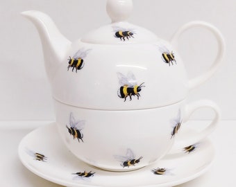 Bees Tea for One Fine Bone China Bumble Bee Tea Pot Cup and Saucer Set Hand Decorated UK