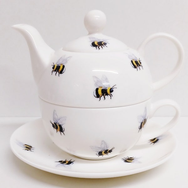Bees Tea for One Fine Bone China Bumble Bee Tea Pot Cup and Saucer Set Hand Decorated UK