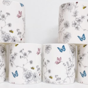 Secret Garden Mugs Set 6 Porcelain Tudor 9.5oz Cups Flowers Butterflies Bees Hand Decorated UK