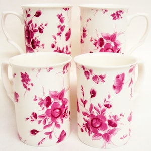Eden Ruby mokken set van 4 fijne Bone China bloemenbloemen 300 ml 10 oz kopjes met de hand gedecoreerd in Groot-Brittannië