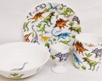 Dinosaurs Breakfast Set 4 Piece Plate 6.7&quot; 17 cm Mug Bowl Egg Cup Fine Bone China Kids Children Set Dinos Collage Hand Decorated UK
