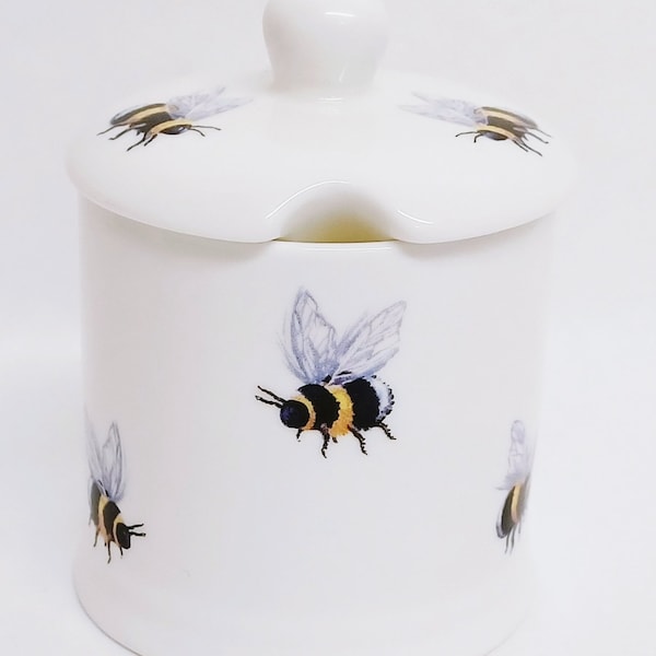 Bees Jam Honey Sugar Pot Fine Bone China Bumblebee Hand Decorated in UK