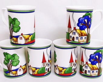 Art Deco Village Mugs Set of 6 Fine Bone China 10.5 oz 300 ml Castle Cups Colourful Wrap Country Scene Hand Decorated UK