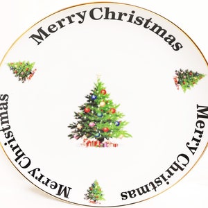 Christmas Tree Merry Xmas Platter Gilded Porcelain Large Serving Round Plate 31 cm 12&quot; Hand Decorated UK