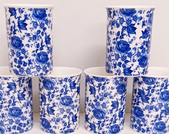 Delft Blue Mugs Set 6 Fine Bone China Blue Floral Flowers 10oz 300ml Windsor Cups Hand Decorated UK