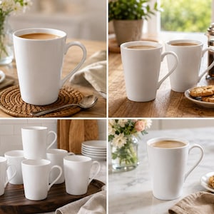 May include: A set of white ceramic mugs with a smooth, tapered silhouette and a curved handle. The mugs feature a clean, minimalist design with a glossy finish, suitable for serving hot beverages like coffee or tea in a variety of settings.