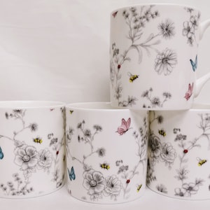 Secret Garden Mugs Set 4 Fine Bone China 14oz 400ml Large Balmoral Cups Flowers Butterflies Bees Hand Decorated in UK