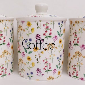 Meadow Flowers Tea Coffee Sugar Fine Bone China Set of 3 Canisters Multi Colour Bright Floral Jars Hand Decorated UK