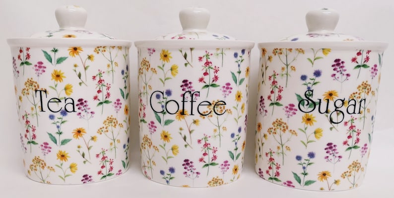 Multi Coloured Tea Coffee Sugar Canisters Wild Flowers