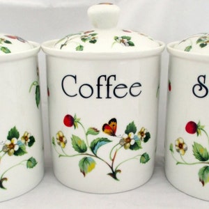 Strawberries & Butterflies Tea Coffee Sugar Canisters Set Fine Bone China Lidded Jars Hand Decorated UK