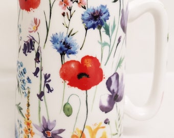 Wildflowers Meadow 1 Pint Jug White Fine Bone China Multi Floral 20 oz Pitcher Jar Hand Decorated UK