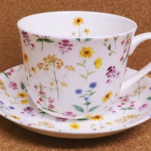 Meadow Flowers Breakfast Cup & Saucer Large Jumbo Fine Bone China 14.5oz Bright Floral Cup Saucer Set Hand Decorate UK