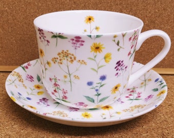 Meadow Flowers Breakfast Cup & Saucer Large Jumbo Fine Bone China 14.5oz Bright Floral Cup Saucer Set Hand Decorate UK