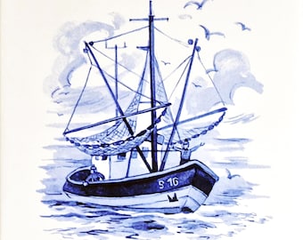 Fishing Boat at Sea Tile 15x15cm 6" Delftware Style Blue & White Nautical Seaside Decorative Tile Hand Decorated UK