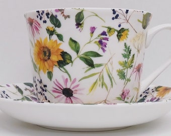 Sunflowers Meadow Cup & Saucer Jumbo Breakfast 425 ml 15 fl oz Fine Bone China Multi Flowers Floral Set Hand Decorated UK