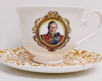 HM King Charles III Tea Cup & Saucer York Fine Bone China Coronation Commemorative Hand Decorated UK