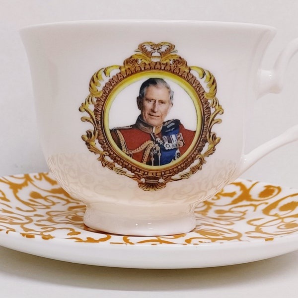 HM King Charles III Tea Cup & Saucer York Fine Bone China Coronation Commemorative Hand Decorated UK