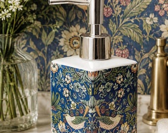 William Morris Strawberry Thief Blue Soap Dispenser Porcelain 200 ml 7oz Birds Garden Fantasy Floral Liquid Pump Hand Decorated UK