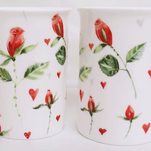Hearts & Red Roses Mugs Set of 2 Fine Bone China Floral Cups Hand Decorated in UK
