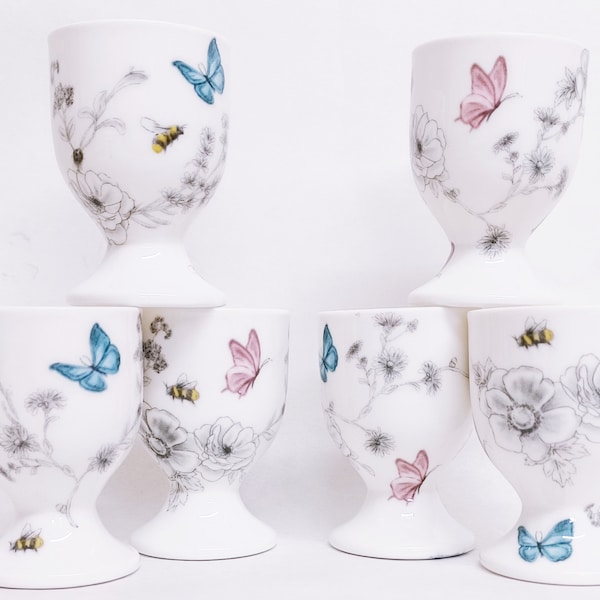 Secret Garden Egg Cups Fine Bone China Set of 6 Eggcups flowers butterflies bees Hand Decorated in UK