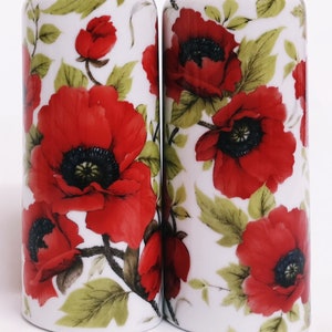 Red Poppy Salt & Pepper Round Set Ceramic Porcelain Poppies Floral Cruet Hand Decorated UK