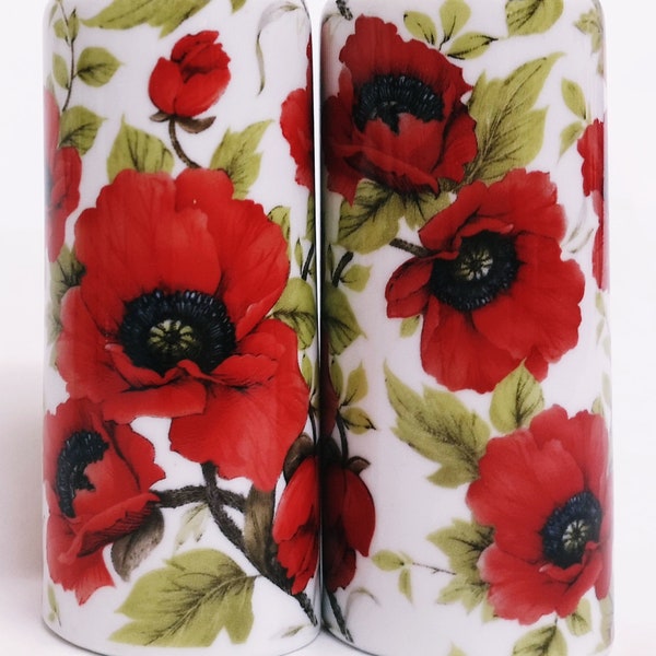 Red Poppy Salt & Pepper Round Set Ceramic Porcelain Poppies Floral Cruet Hand Decorated UK