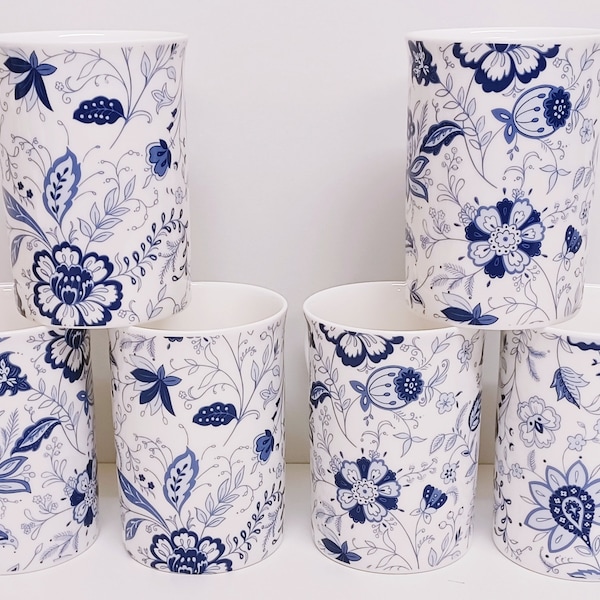 Blue Persia Mugs Set 6 Bone China Blue & White Oriental Floral 10.5 fl oz 300 ml Windsor Cups Hand Decorated in UK