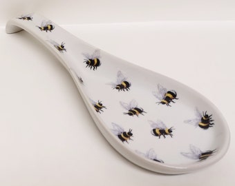 Bees Spoon Rest Large 27cm Ceramic Porcelain Multi Bumble Bees Spoon Hand Decorated UK
