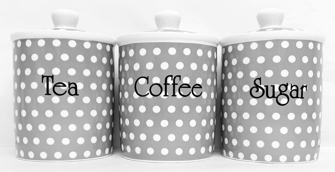 Grey Dots Tea Coffee Sugar Canisters Fine Bone China Storage Jars Set