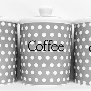 Grey Dots Tea Coffee Sugar Canisters Fine Bone China Storage Jars Set Hand Decorated in UK