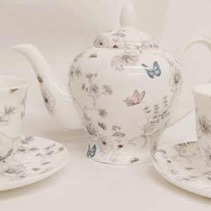 Secret Garden Tea Set for Two Fine Bone China Flowers Butterflies Bees Small Teapot Two Cups and Two Saucers Hand Decorated UK