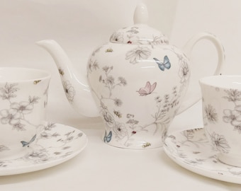 Secret Garden Tea Set for Two Fine Bone China Flowers Butterflies Bees Small Teapot Two Cups and Two Saucers Hand Decorated UK