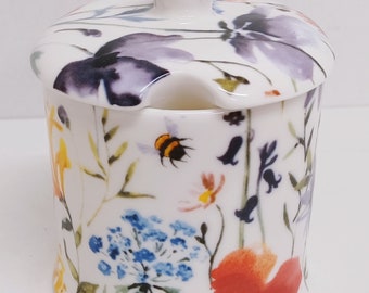 Wildflowers Meadow Jam Honey Sugar Pot Fine Bone China Multi Bright Floral Hand Decorated in UK