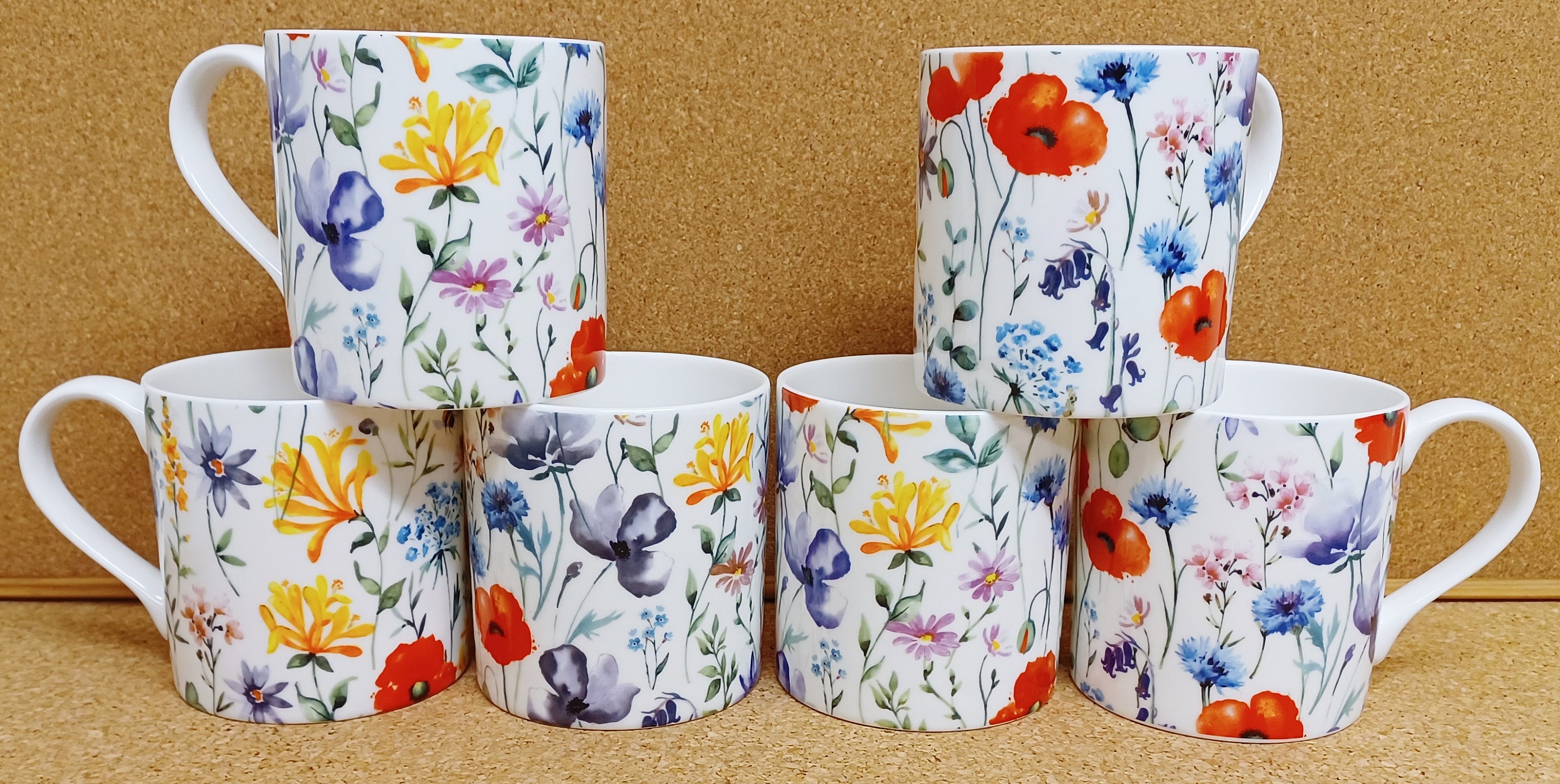 Bone china coffee or tea mugs, wildflowers design, set of 2