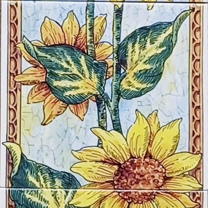 Sunflowers Ceramic Tile Mural Sunflower Vase Decorative 5 Tiles 75 cm x 15 cm Fireplace Backsplash Hand Decorated in UK