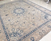 Amazing Heriz Rug Mid Century Modern Oriental Hand Knotted Vintage Oushak Rug,Wool Low Pile Distressed Beige carpet, Tebriz Rug
